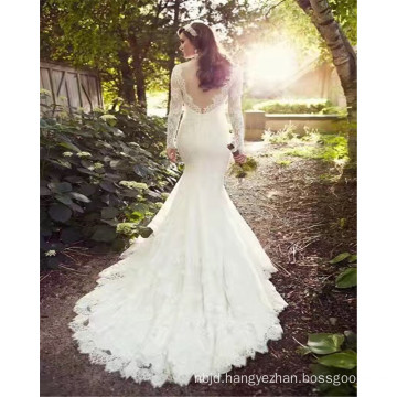 2017 Gorgeous Lace Appliqued Long Sleeve Backless Long Trail White Mermaid Graceful Wedding Dress